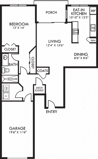 Floor plan for 1 bed, 1 bath, 1038 sqft